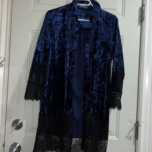 Dark blue velvet button down shirt dress with black lace trims